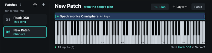 Patches for Terang-Mu beside a keyboard, with the next patch due at Verse 2.