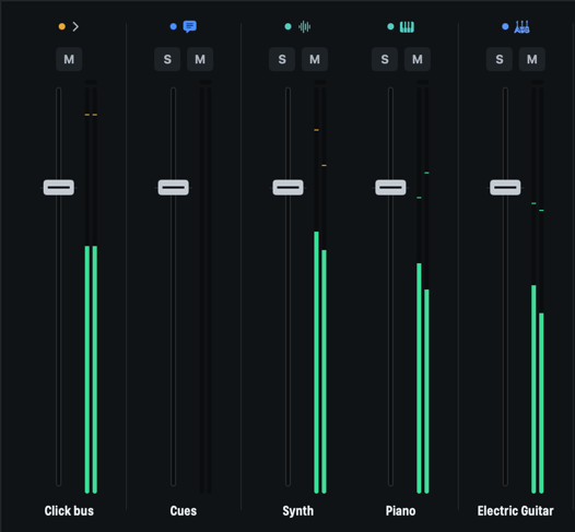 Mixer strips for the click bus, the spoken cues, synth, piano and electric guitar.